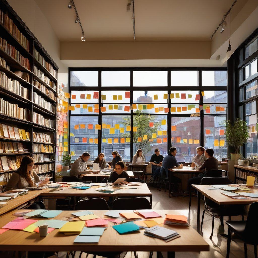 A dynamic scene depicting a diverse group of writers collaborating at a round table, surrounded by notebooks, laptops, and coffee cups. The atmosphere is vibrant with colorful sticky notes indicating brainstorming and creativity. Background elements include bookshelves filled with reference guides and a large window with a view of a bustling city. The overall vibe conveys the essence of online publishing and skill elevation. super-realistic. vibrant colors. modern aesthetic.