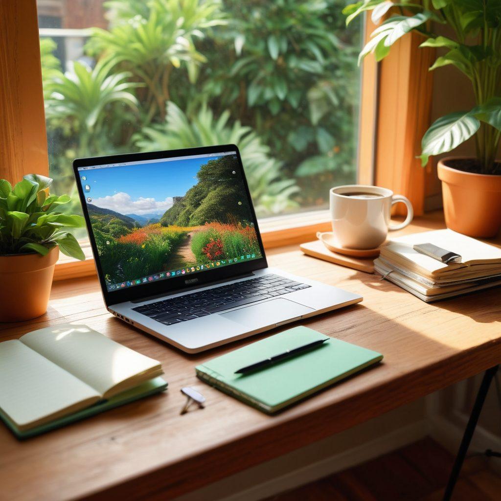 A stylish open laptop on a cozy wooden desk surrounded by plants and a steaming coffee cup, with vibrant lifestyle images pinned on a corkboard in the background. Sunlight beams gently through a window, accentuating a sense of creativity and engagement. Include elements like colorful notebooks and a pen to enhance the ambiance of crafting content. super-realistic. warm colors. natural light.